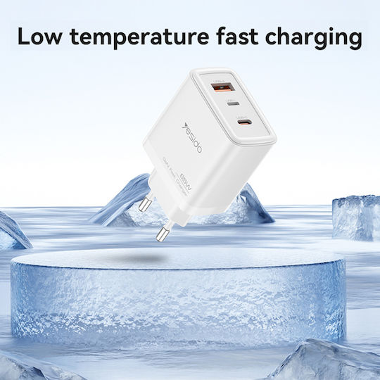 Yesido Charger with USB-A Port and 2 USB-C Ports and USB-C - Lightning Cable 65W Power Delivery White (YC70)