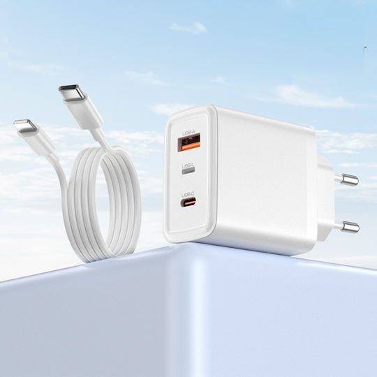 Yesido Charger with USB-A Port and 2 USB-C Ports and USB-C - Lightning Cable 65W Power Delivery White (YC70)