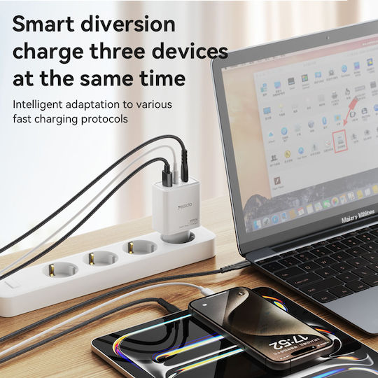 Yesido Charger with USB-A Port and 2 USB-C Ports and USB-C - Lightning Cable 65W Power Delivery White (YC70)