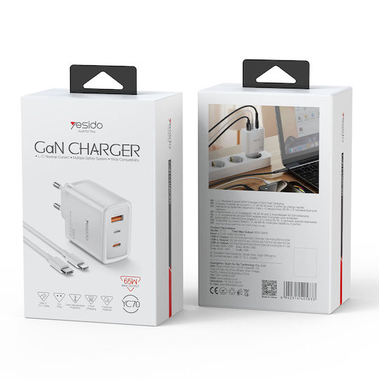 Yesido Charger with USB-A Port and 2 USB-C Ports and USB-C - Lightning Cable 65W Power Delivery White (YC70)