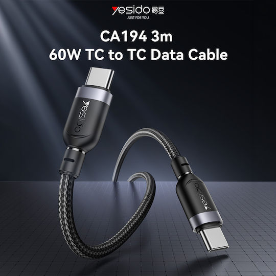 Yesido Braided USB 2.0 Cable USB-C male - USB-C 60W Μαύρο 3m