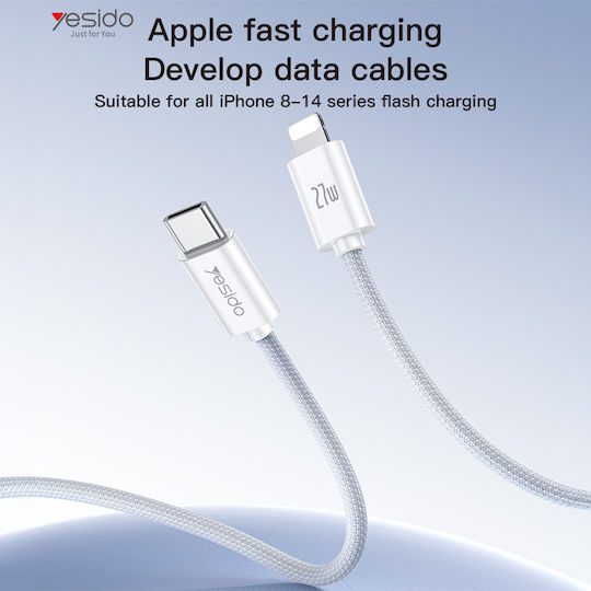 Yesido Braided USB-C to Lightning Cable 27W Λευκό 1.2m
