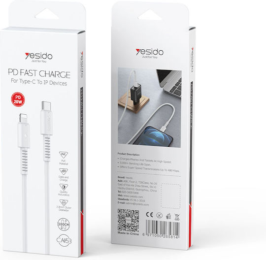 Yesido USB-C to Lightning Cable 20W Λευκό 1m
