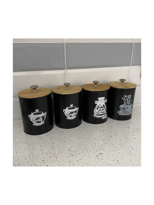 Set 4 Bucăți Vaze pentru Cafea / Zahăr / Paste / Cereale cu Capac Metalic Negru 11x11x17cm 4 Bucăți