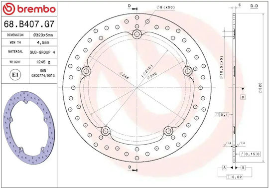 Brembo Спирачен Диск Кръгъл 320mm 68b407g7