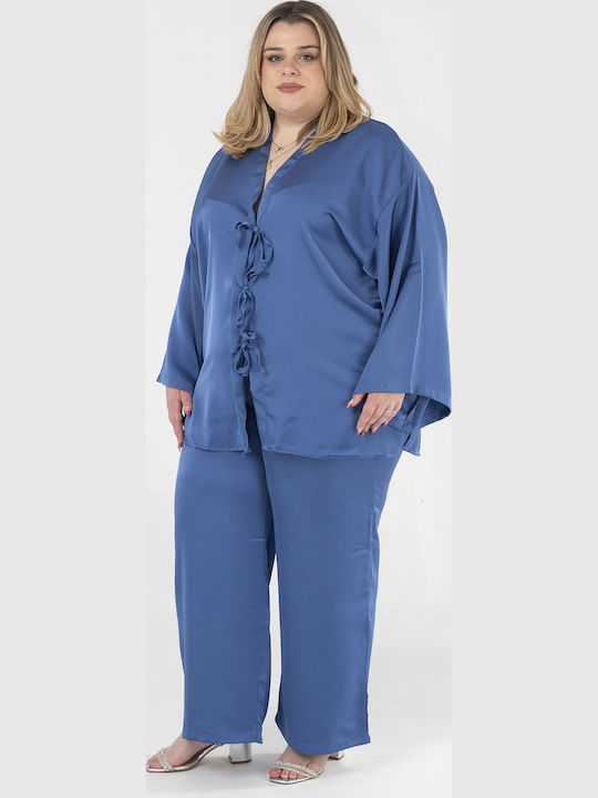 Damen Blaues Satz mit Gummibandhose in Gerader Bein Stil