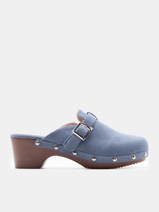 Suede Mules With Low Heel In Blue Colour