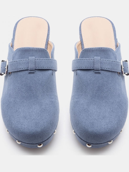 Suede Mules With Low Heel In Blue Colour