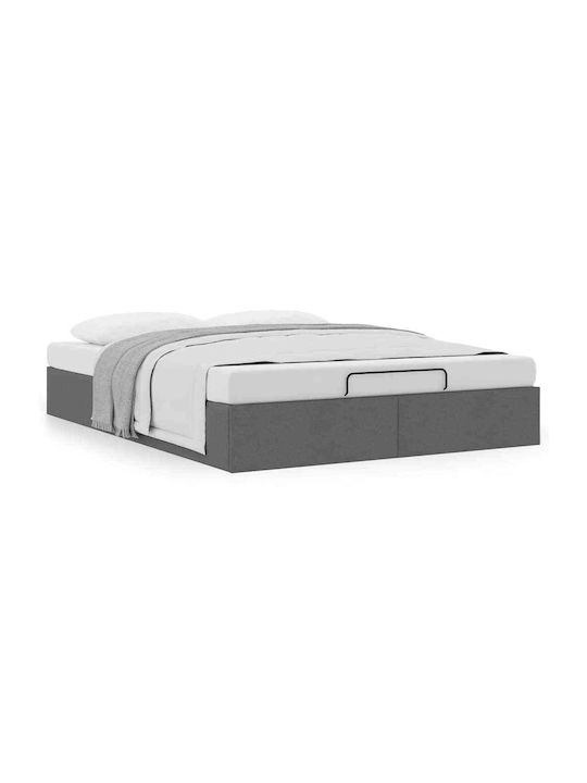 Double Bed Base Upholstered with Gray Fabric with Storage Space & Slats for Mattress 140x200cm