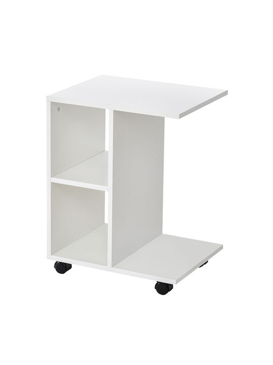 Masă Laterală Rectangulară Din Lemn Cu Roți Albă L58xL35xÎ45cm