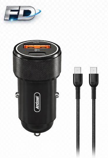 Andowl Автомобилен Зарядно Устройство 48W Бързо Зареждане с Портове 1xUSB-A 1xType-C с Кабел Type-C Черен Цвят