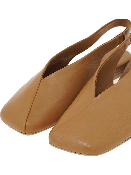 Leather Women's Ballerina Shoes Slingback In Tabac Brown Colour