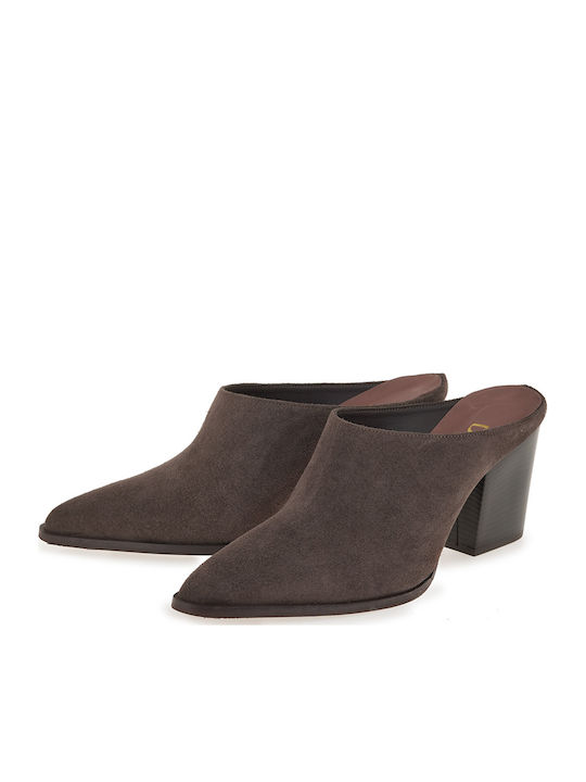 Leather Mules With Heel In Brown Colour