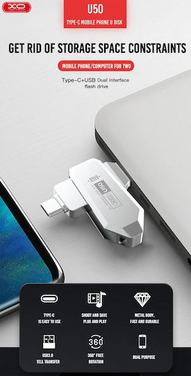 XO U50 16GB USB 3.0 Stick mit Verbindung USB-A & USB-C Weiß