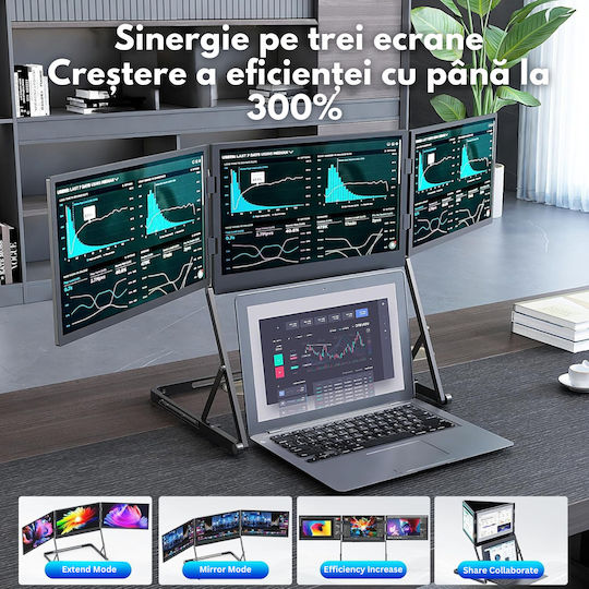 Qova Monitor Portabil Triplu Extensibil Pentru Laptop 15.6 Inch Full HD IPS 3 Monitor Extensor Ecran 1080p Conexiune USB-C HDMI 60Hz 300 Nits Compatibil Windows Mac Linux Suport Reglabil Plug And Play Display 16:9 Laptopuri 11-18 Inch