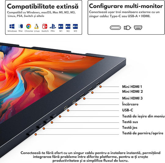 Qova Monitor Portabil Triplu Extensibil Pentru Laptop 15.6 Inch Full HD IPS 3 Monitor Extensor Ecran 1080p Conexiune USB-C HDMI 60Hz 300 Nits Compatibil Windows Mac Linux Suport Reglabil Plug And Play Display 16:9 Laptopuri 11-18 Inch