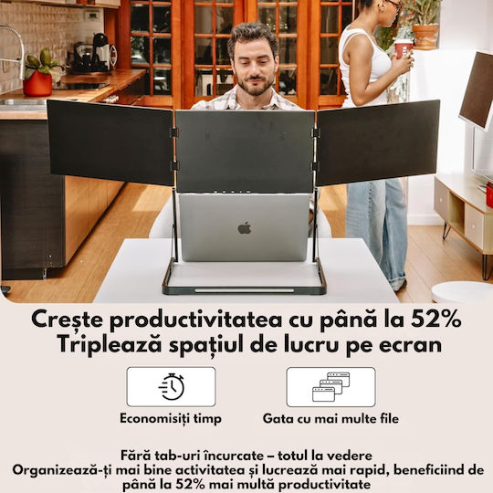 Qova Monitor Portabil Triplu Extensibil Pentru Laptop 15.6 Inch Full HD IPS 3 Monitor Extensor Ecran 1080p Conexiune USB-C HDMI 60Hz 300 Nits Compatibil Windows Mac Linux Suport Reglabil Plug And Play Display 16:9 Laptopuri 11-18 Inch