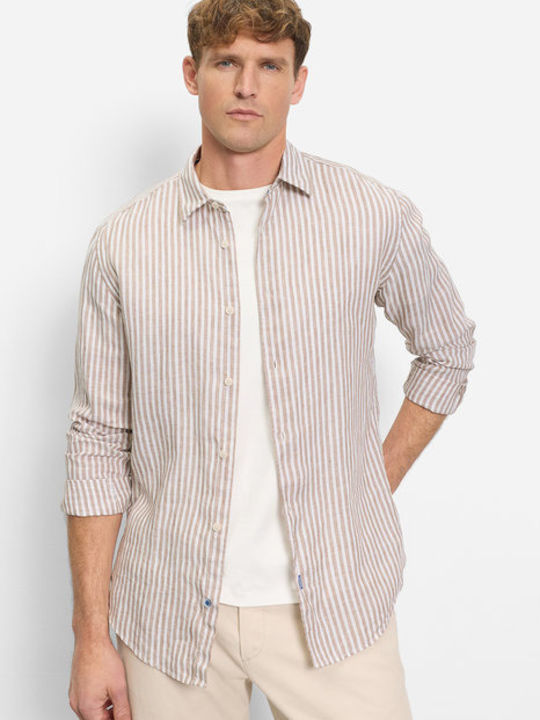 Long Sleeve Linen Shirt Striped Beige