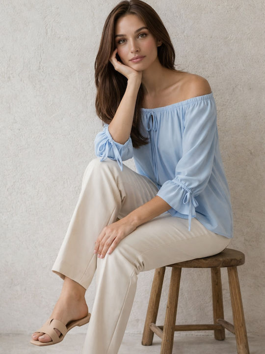 Γυναικεία Μπλούζα Off-Shoulder Μακρυμάνικη Σιέλ