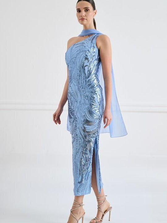 Rochie de Vară Midi de Seară cu Plasă Albastră