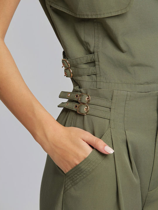 Women's High Rise Fabric Trousers in Loose Fit Khaki
