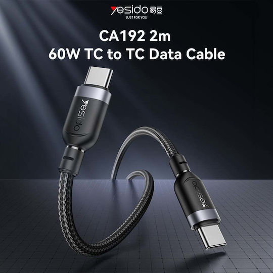 Yesido Плетен USB 2.0 Кабел USB-C Мъжки - USB-C 60W Захранване (PD) Черен 2м