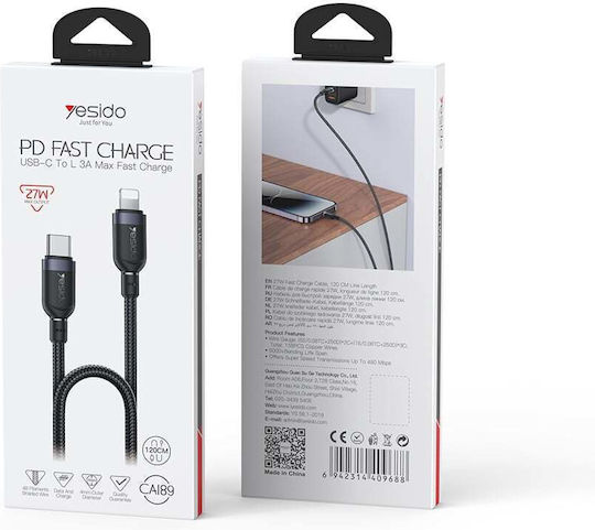 Yesido Braided USB-C To Lightning Cable 27W Black 1.2m