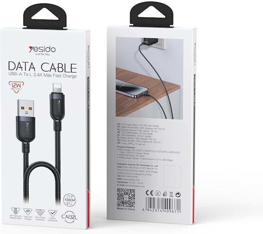 Yesido Braided USB-A To Lightning Cable 12W Black 1.2m