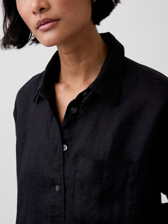 Long Sleeve Women's Linen Shirt Black