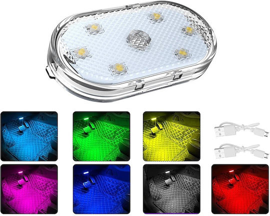 Lampă Ambientală Auto Led RGB Zola 8 Moduri de Iluminare Suport Magnetic 6 Leduri Alimentată cu Baterii 5.5 X 2.5 Cm Transparentă