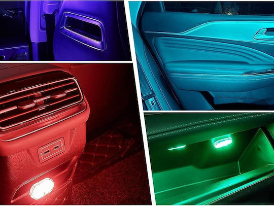 Lampă Ambientală Auto Led RGB Zola 8 Moduri de Iluminare Suport Magnetic 6 Leduri Alimentată cu Baterii 5.5 X 2.5 Cm Transparentă