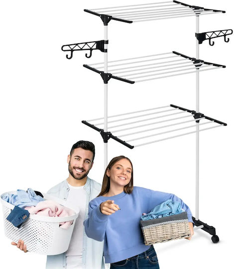 Smartic Folding Floor Clothes Drying Rack Metallic with Wheels with Hanging Length 15m