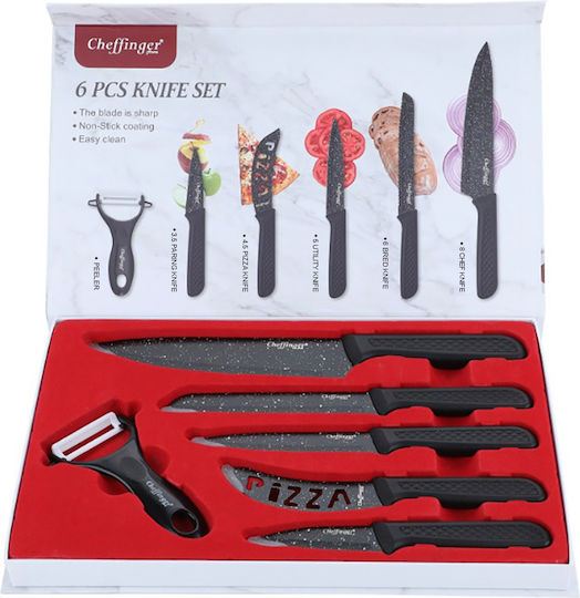 Cheffinger Set 6 Knives Peeler Non-stick Pizza Cutter Black