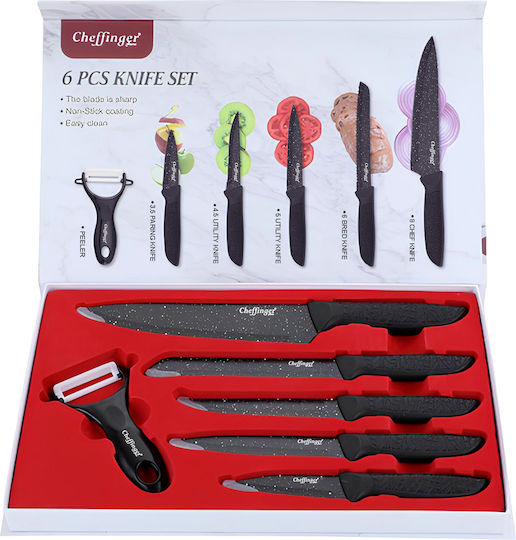 Cheffinger Set 6 Non-stick Marble-effect Knives Peeler Black
