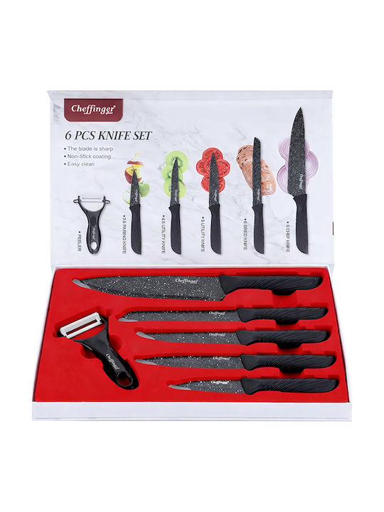 Cheffinger Set 6 Non-stick Marble-effect Knives Peeler Smooth Handles Black