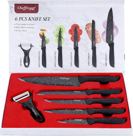 Cheffinger Set 6 Non-stick Marble-effect Knives Peeler Smooth Handles Black