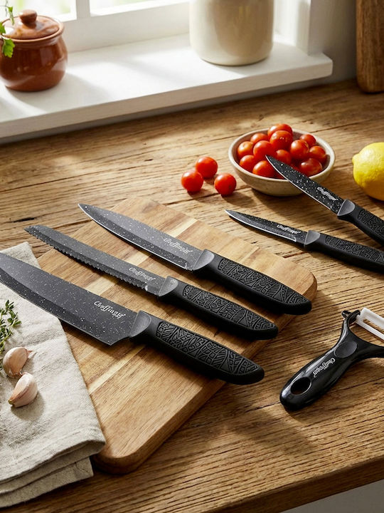 Cheffinger Set 6 Non-stick Marble-effect Knives Peeler Black