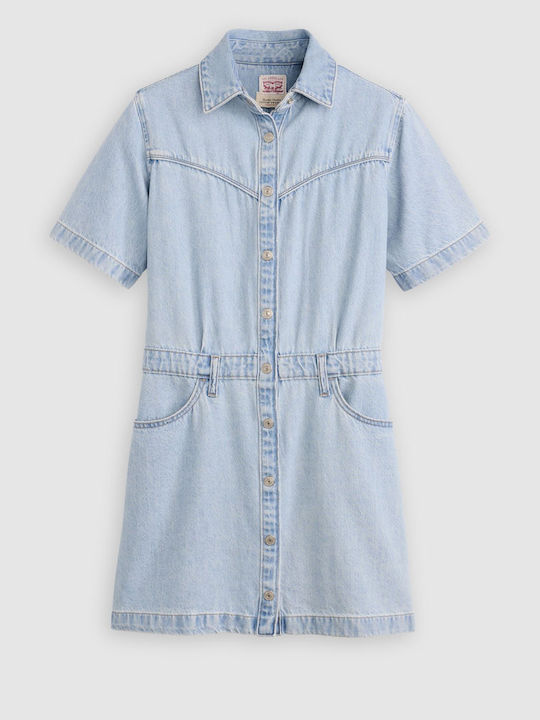 Western Summer Mini Shirt Dress Denim Blue