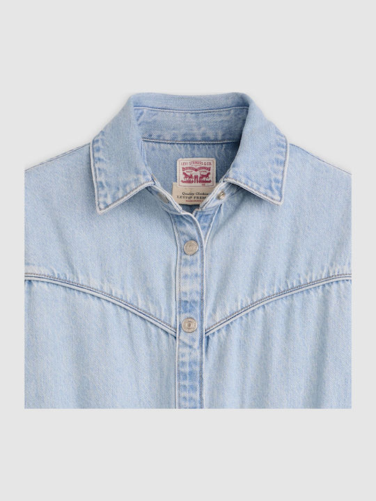 Western Summer Mini Shirt Dress Denim Blue