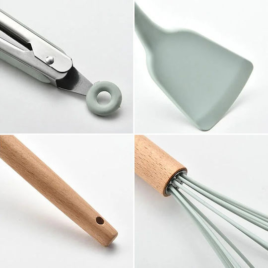 Cooking Utensil Set Made of Silicone With Stand 12 Pieces Green