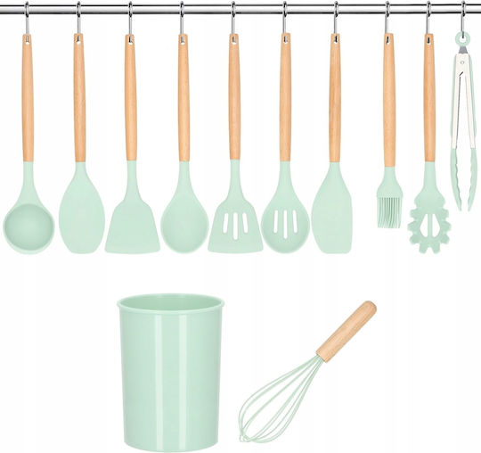 Cooking Utensil Set Made of Silicone With Stand 12 Pieces Green