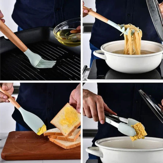 Cooking Utensil Set Made of Silicone With Stand 12 Pieces Green
