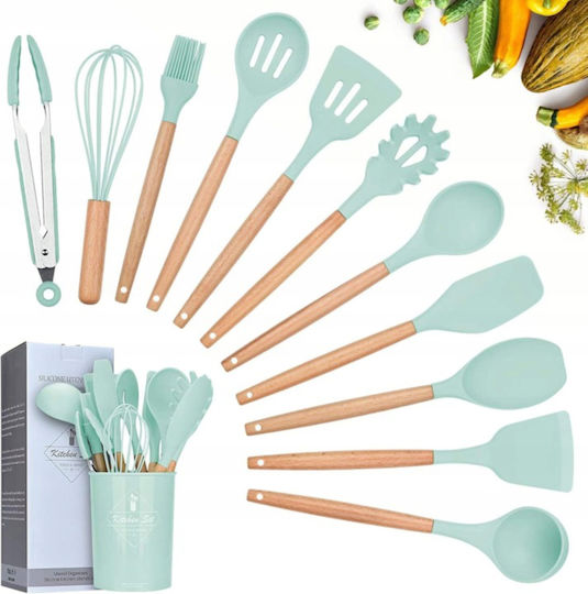 Cooking Utensil Set Made of Silicone With Stand 12 Pieces Green