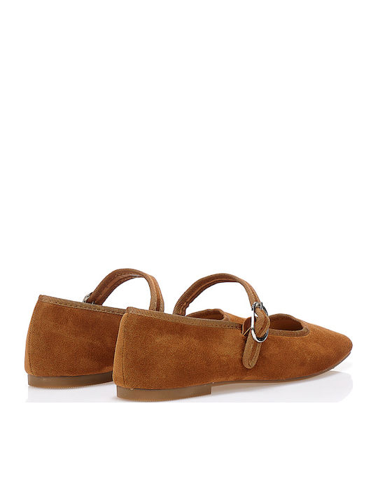 Balerini de Damă din Piele Întoarsă cu Bareta Culoare Camel