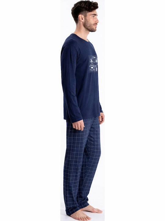 Relax Lingerie Winter Herrenpyjama Baumwollene Marineblau