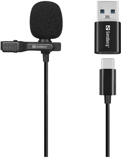 Sandberg Streamer USB Clip Microphone Електрет Микрофон USB Πέτου, Clip On в Черен Цвят