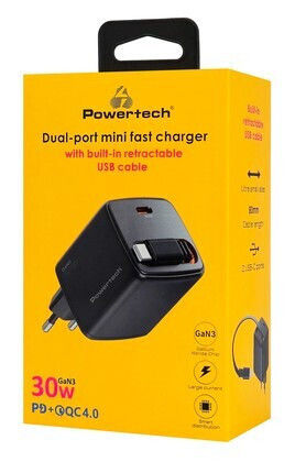 Powertech Charger with Built-in GaN Cable with USB-C Port USB-C 30W Power Delivery Quick Charge 2.0 Quick Charge 3.0 Quick Charge 4.0 Black (PT-1571)