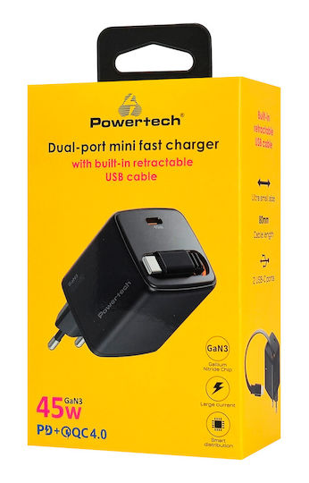 Powertech Powertech Handyladegerät mit Eingebautem Kabel GaN mit USB-C USB-C 45W Stromlieferung Schnellladetechnologie 2.0 3.0 4.0 Schwarz
