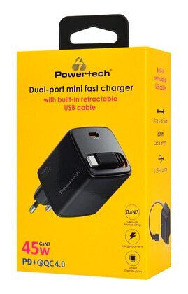 Powertech Powertech Handyladegerät mit Eingebautem Kabel GaN mit USB-C USB-C 45W Stromlieferung Schnellladetechnologie 2.0 3.0 4.0 Schwarz