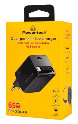 Powertech Charger with Integrated GaN Cable with USB-C Port USB-C 65W Power Delivery / Quick Charge 2.0 / Quick Charge 3.0 / Quick Charge 4.0 Black (PT-1573)